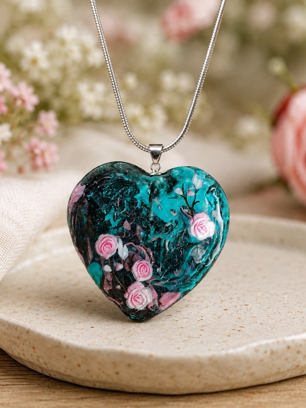 Teal Heart Pendant Necklace with Pink Rose Accents